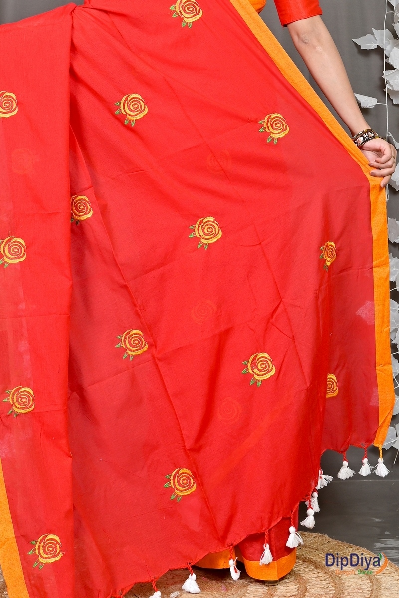 Red Pure Cotton Parag Embroidery Handloom saree (209)